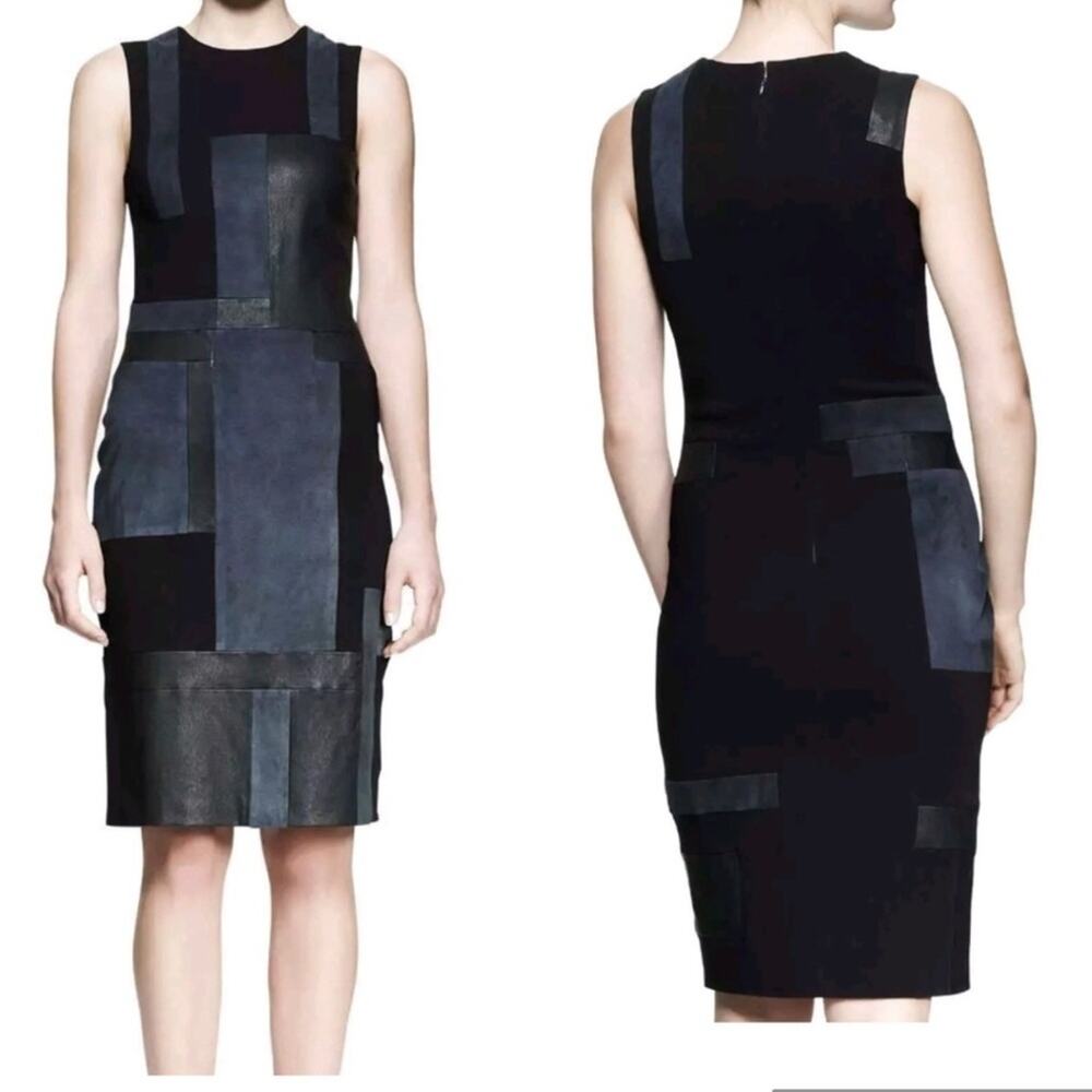 A.L.C. Leather Suede Patchwork Sheath Dress Black Navy Blue Women’s Size 4 NEW